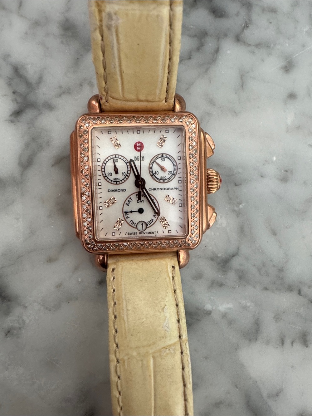 Michele Rose Gold-Tone Square Chronograph Watch with yellow Strap and diamonds